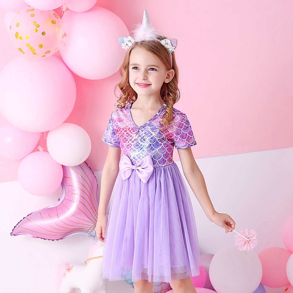 Purple Bridesmaid Printed Butterfly Bow Toddler Tutu Girl Dress for Prom Brithday Party
