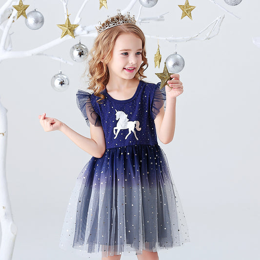 Unicorn Pattern Starry Sky Tutu Dress Toddler Brithday Party Prom Dress 3-8T