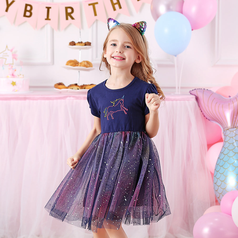 Unicorn Embroidery Toddler Summer Tutu Girl Dress for Daily Party