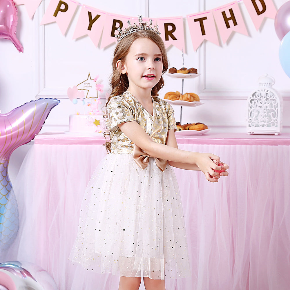 Vikita Yellow Mermaid Print Bowknot Tulle Dress for Toddler Girls 3-8T