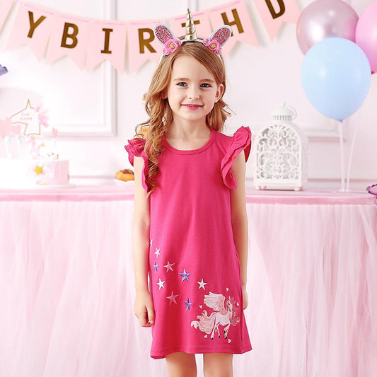 Unicorn with Star Pattern A-Line Casual Cotton Toddler Girl Short Sleeve Dress