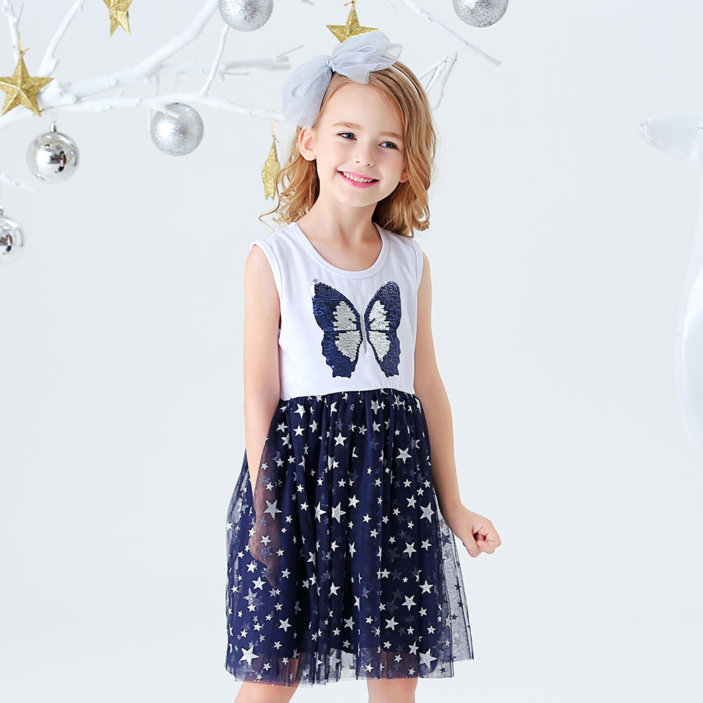 Butterfly Beads Pattern Star Tulle Lovely Daily School Toddler Girl Dress