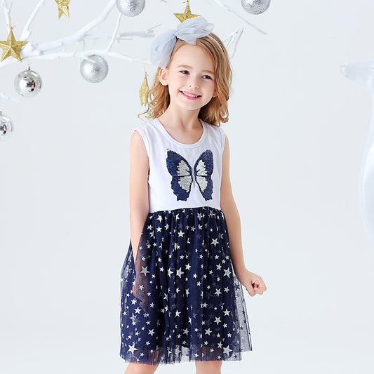 Butterfly Beads Pattern Star Tulle Lovely Daily School Toddler Girl Dress
