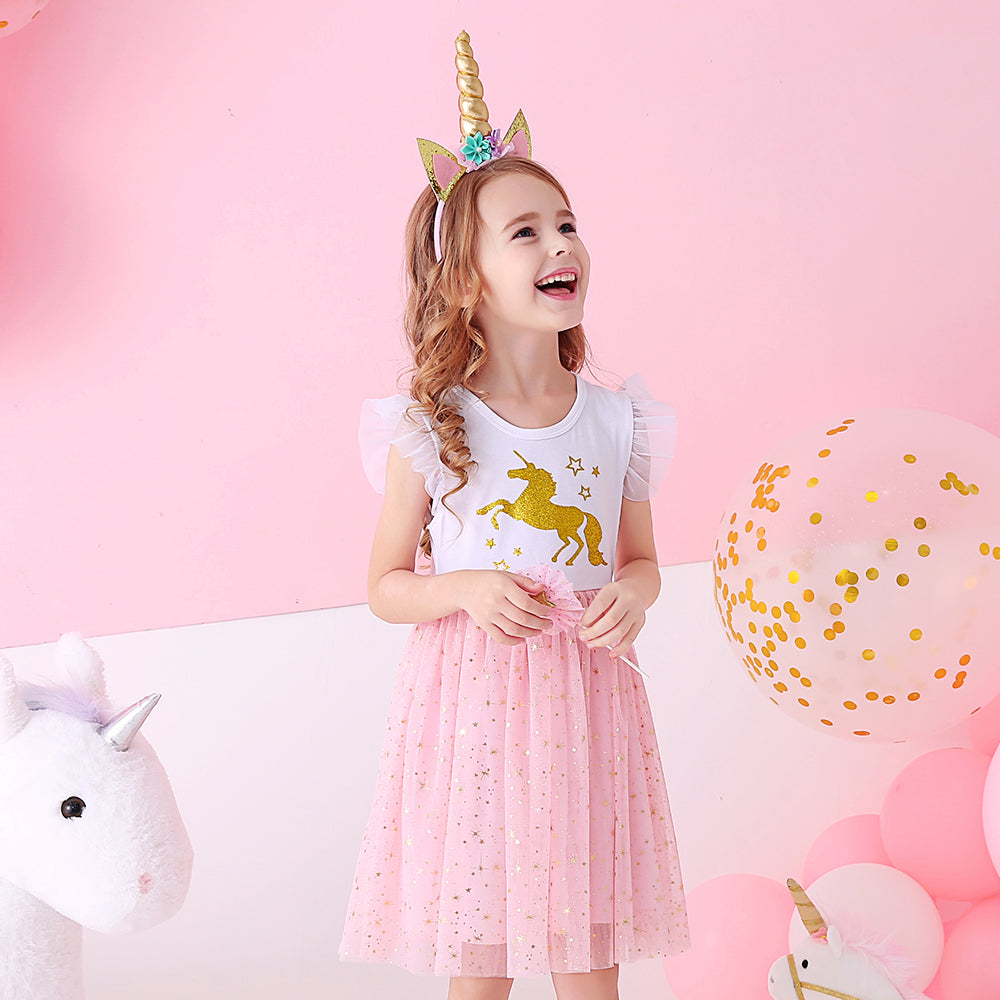 Toddler Summer Unicorn Tutu Girl Dress Glitter Horse With Star Cartoon Kids Dress for 3-8T