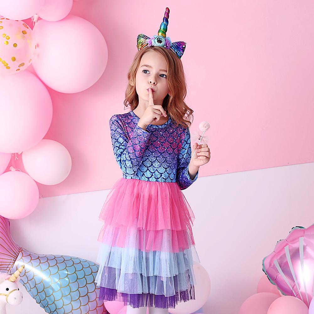 Purple Mermaid Colorful Layered Tulle Toddler Girl Long Sleeve Dress