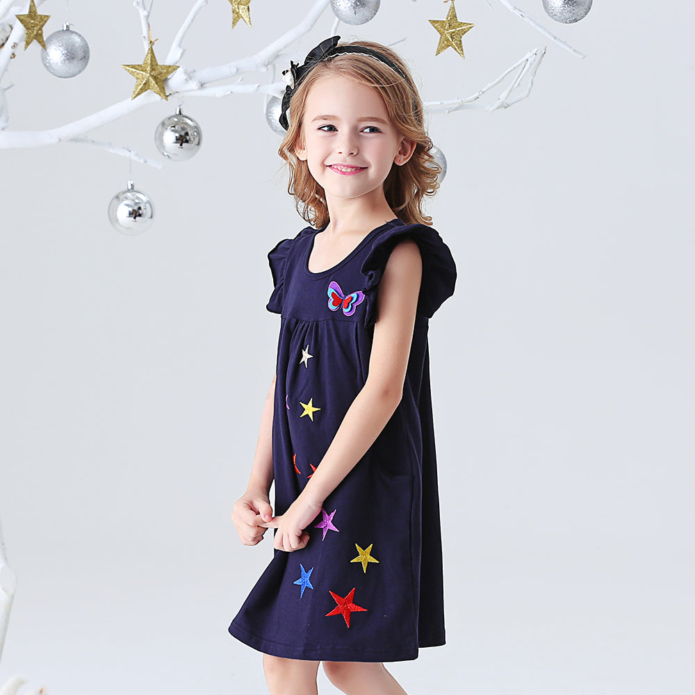 Colorful Star Pattern A-Line Toddler Summer Short Sleeve Girl Casual Dress