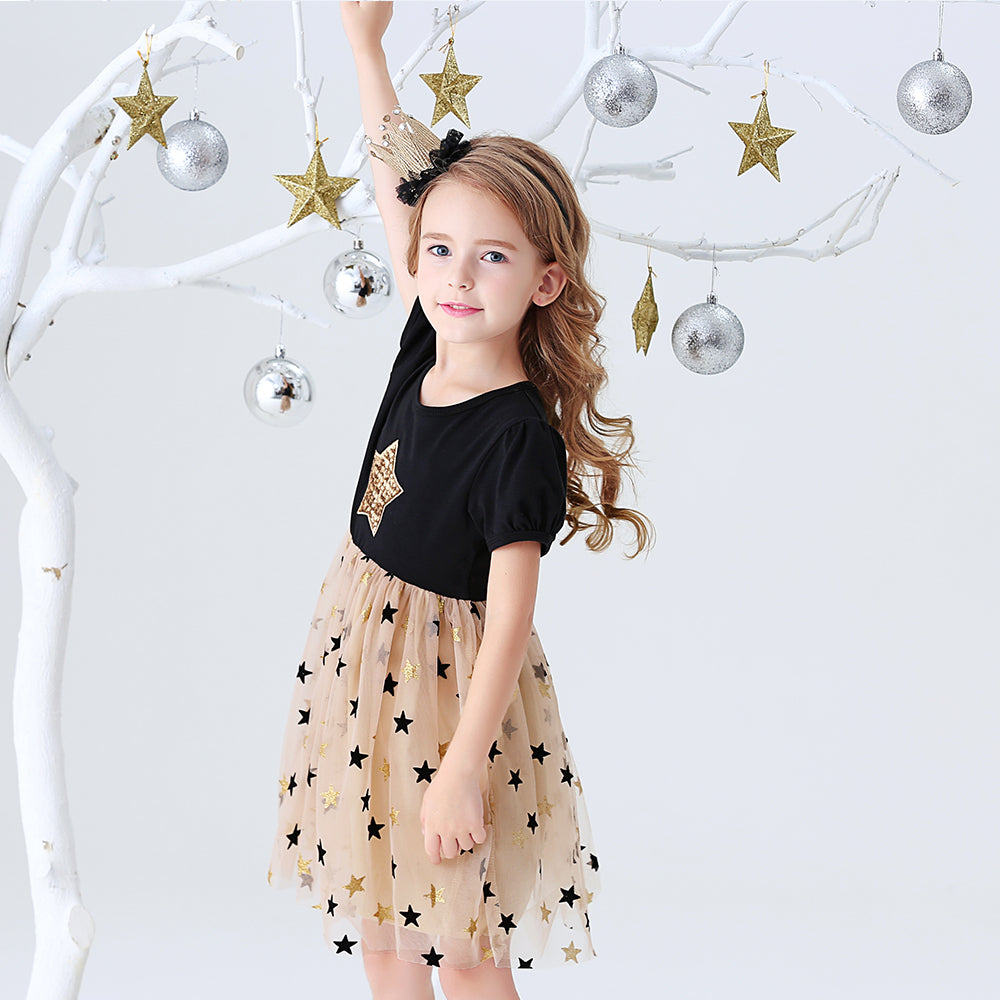Star Pattern Casual Tutu Dress Toddler Girl Summer Short Sleeve Dress for School Wear