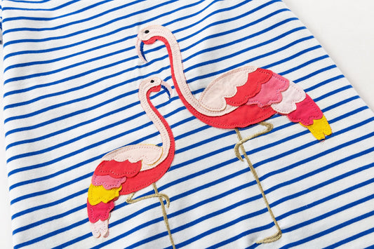 2Y-8Y Girls Short Sleeve Casual Dress Cute Flamingo Stripe Blue A Line Dress