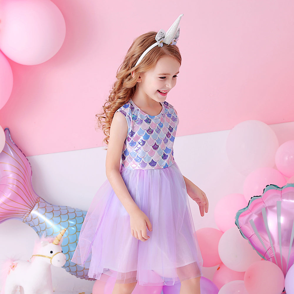 Purple Princess Mermaid Printed Toddler Tutu Girl Dress Sofe Tulle Dress