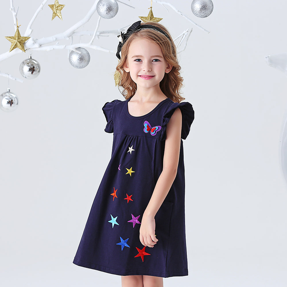 Colorful Star Pattern A-Line Toddler Summer Short Sleeve Girl Casual Dress