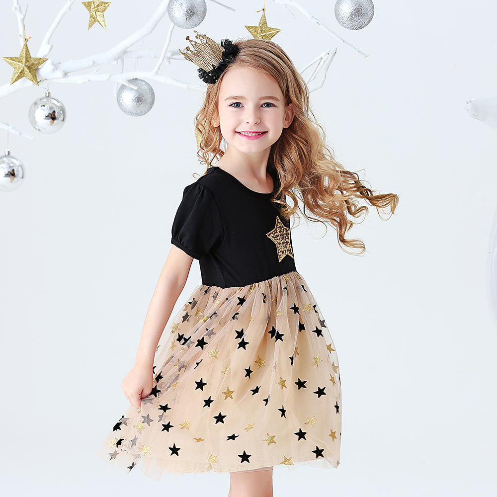 Star Pattern Casual Tutu Dress Toddler Girl Summer Short Sleeve Dress for School Wear