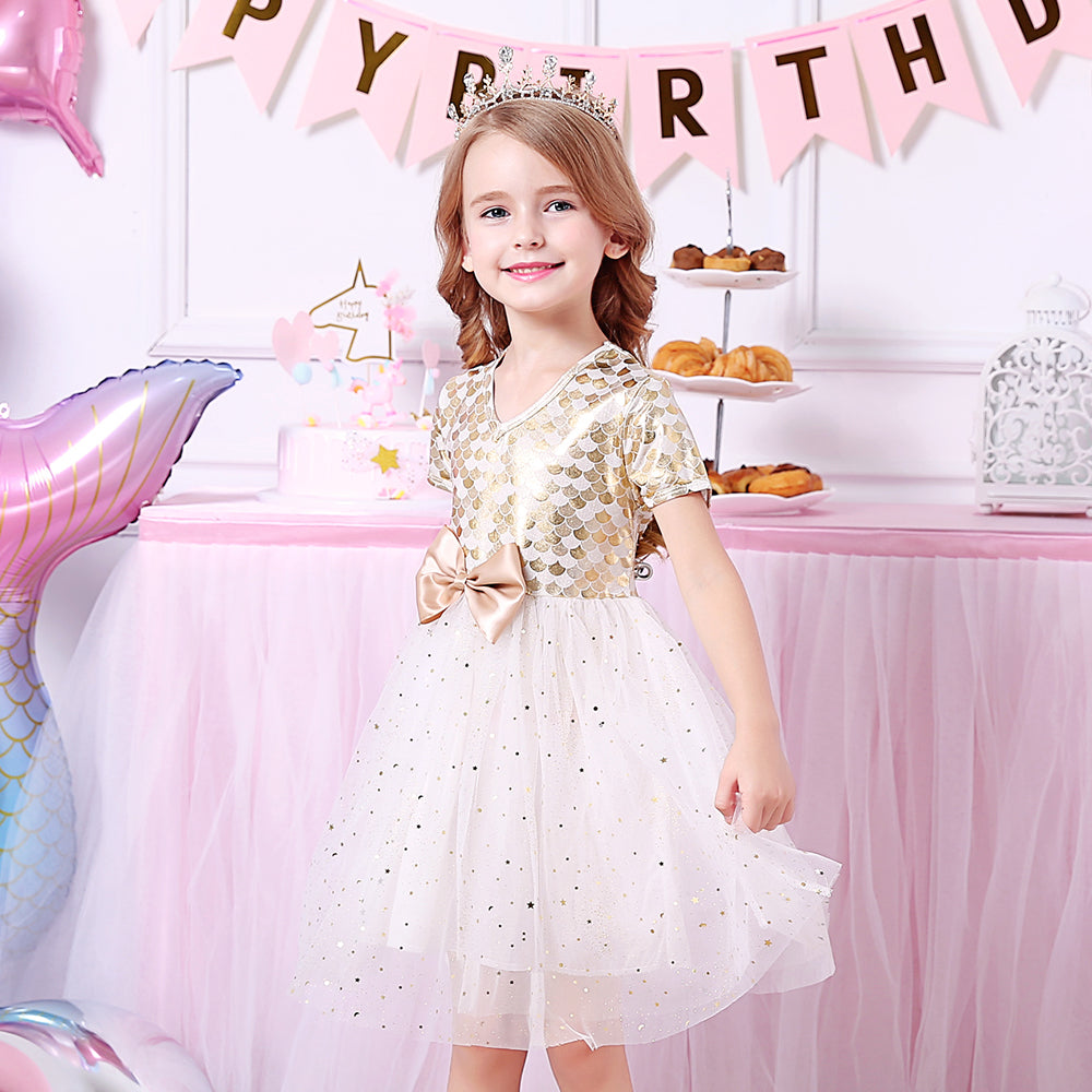 Vikita Yellow Mermaid Print Bowknot Tulle Dress for Toddler Girls 3-8T