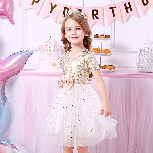 Vikita Yellow Mermaid Print Bowknot Tulle Dress for Toddler Girls 3-8T