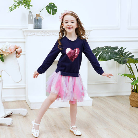 Sequins Love Heart Pattern Gathered Tiered Tulle Girl Toddler Long Sleeve Tutu Dress