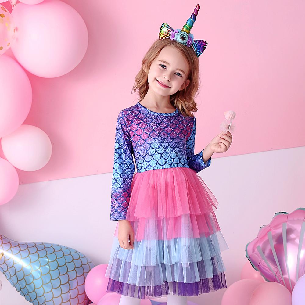 Purple Mermaid Colorful Layered Tulle Toddler Girl Long Sleeve Dress