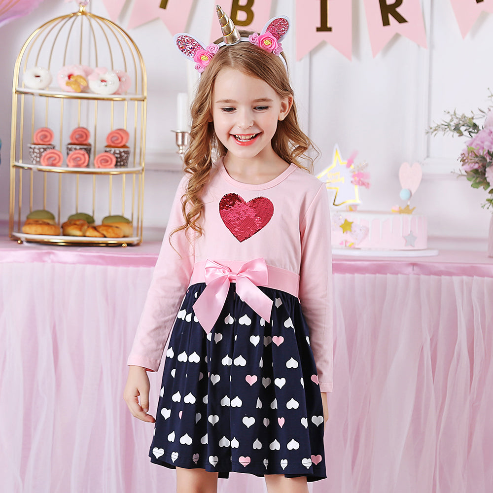 Love Heart Sequined Long Sleeve Fall Tollder Cotton Girl Dress