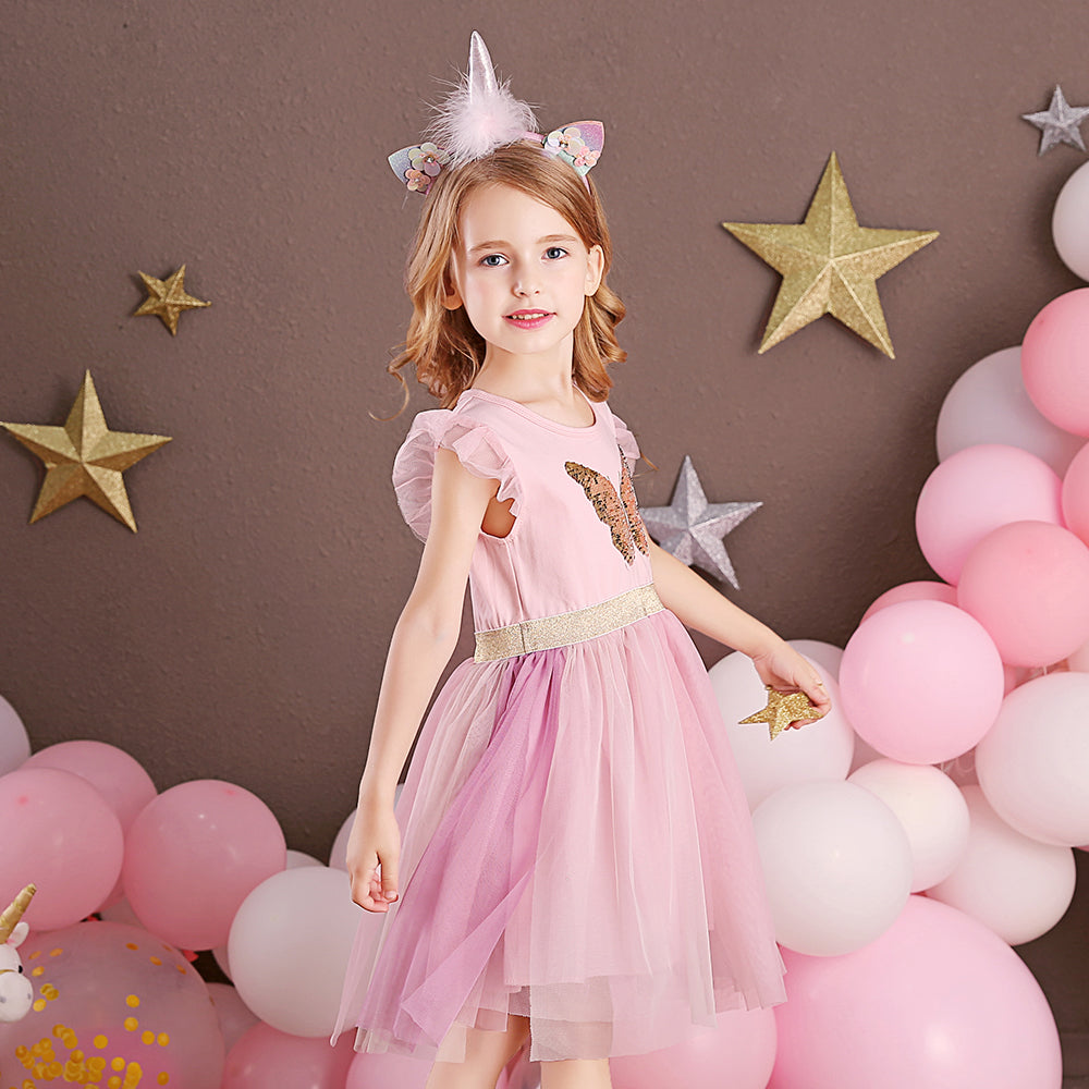 Princess Style Butterfly Beads Toddler Summer Tutu Girl Dress for Brithday Gift