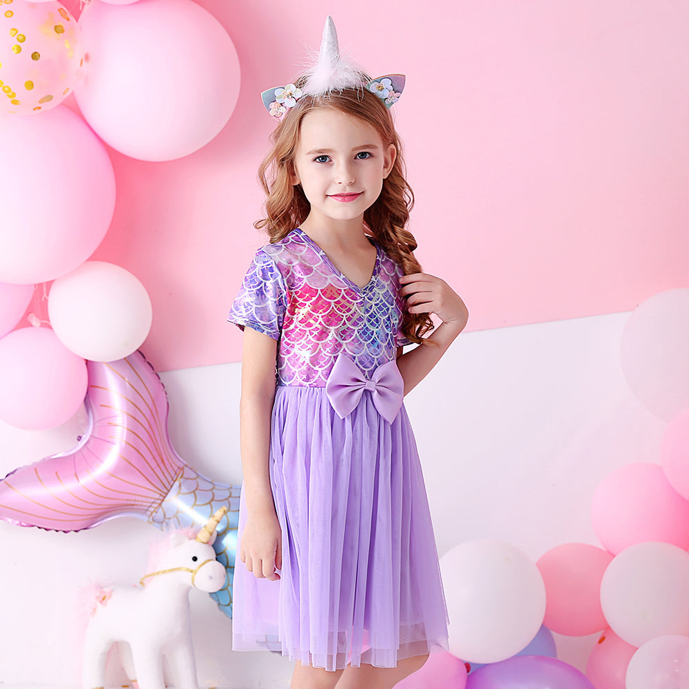 Purple Bridesmaid Printed Butterfly Bow Toddler Tutu Girl Dress for Prom Brithday Party