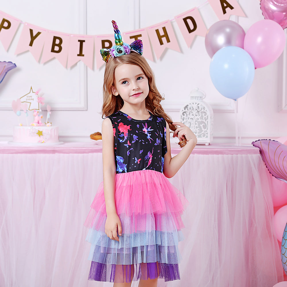 Colorful Tutu Girls Toddler Dress with Flower Fairy Printed for Daily Wear