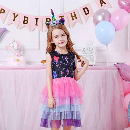 Colorful Tutu Girls Toddler Dress with Flower Fairy Printed for Daily Wear