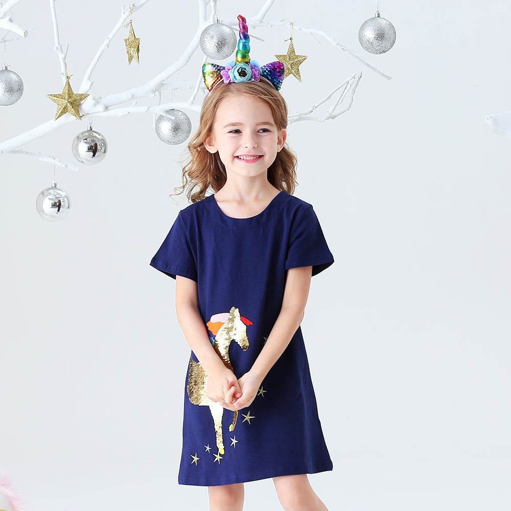 Unicorn Beads Pattern A-line Girls Tollder Dress Casual Cotton Kids Dress