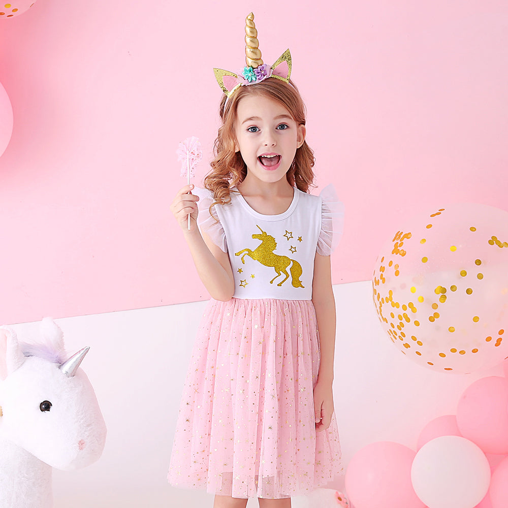 Toddler Summer Unicorn Tutu Girl Dress Glitter Horse With Star Cartoon Kids Dress for 3-8T