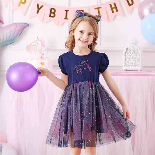 Unicorn Embroidery Toddler Summer Tutu Girl Dress for Daily Party