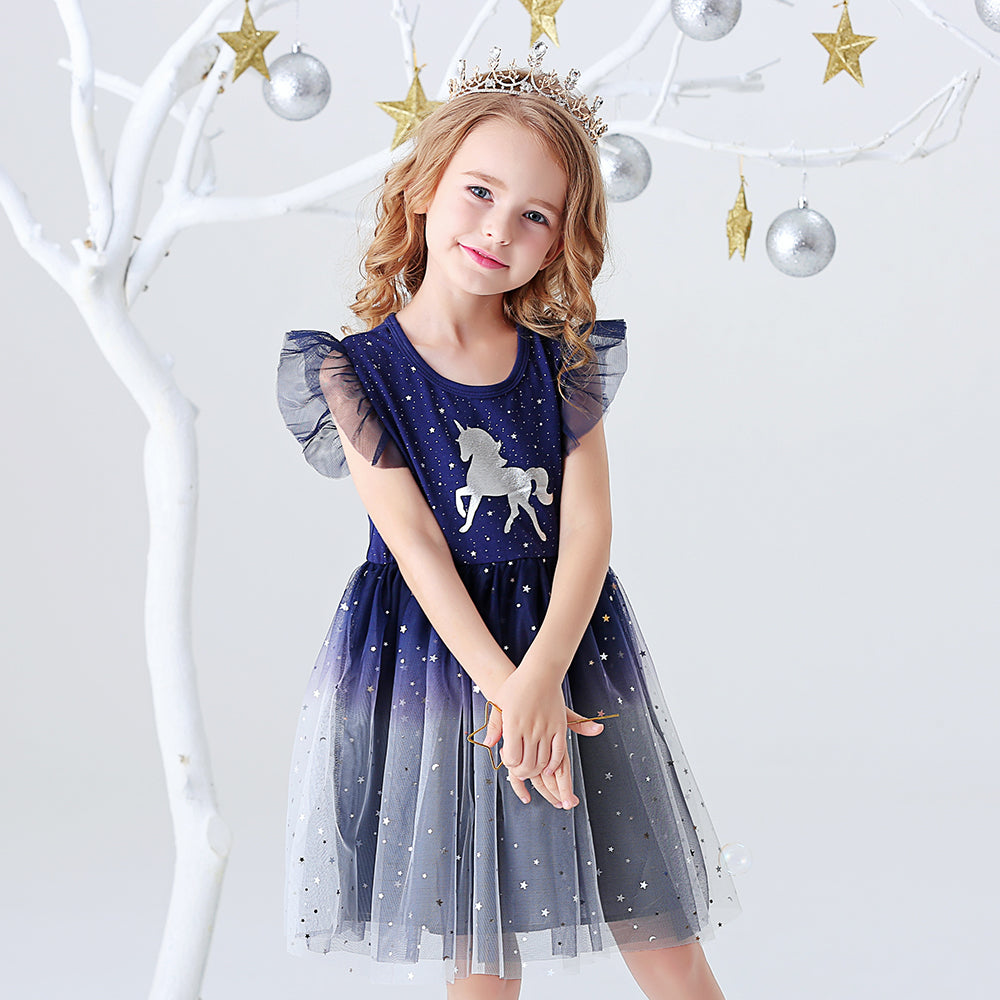 Unicorn Pattern Starry Sky Tutu Dress Toddler Brithday Party Prom Dress 3-8T