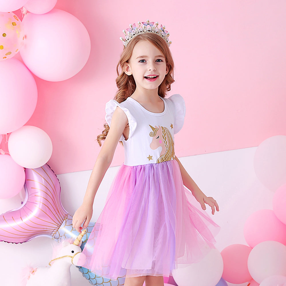 Cartoon Unicorn Pattern Tutu Toddler Dress for Daily Party Wearing 3-8T