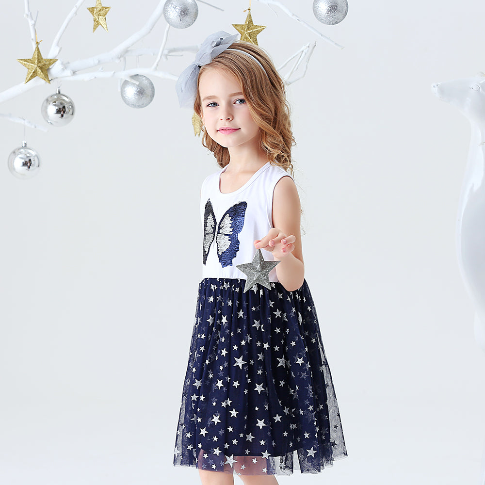 Butterfly Beads Pattern Star Tulle Lovely Daily School Toddler Girl Dress