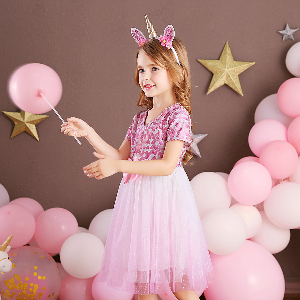 Pink Tutu Toddler Dress Butterfly Bow Mermaid Printed Girls Tulle Dress for Summer