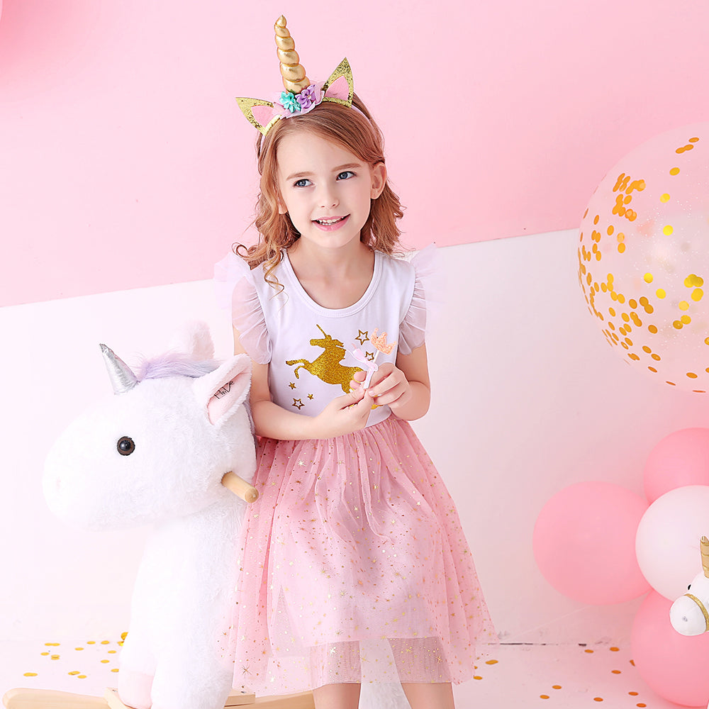 Toddler Summer Unicorn Tutu Girl Dress Glitter Horse With Star Cartoon Kids Dress for 3-8T