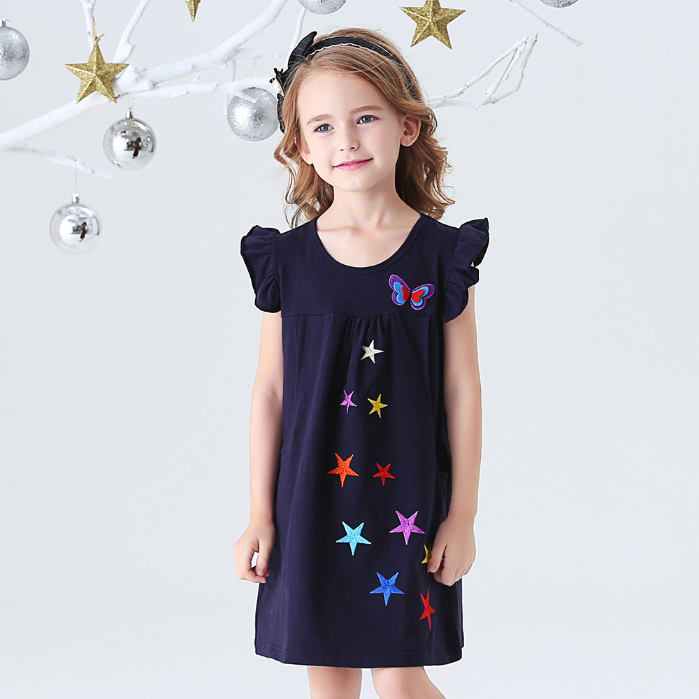 Colorful Star Pattern A-Line Toddler Summer Short Sleeve Girl Casual Dress