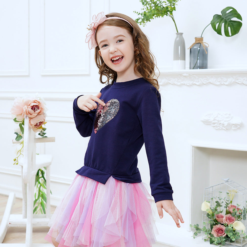 Sequins Love Heart Pattern Gathered Tiered Tulle Girl Toddler Long Sleeve Tutu Dress