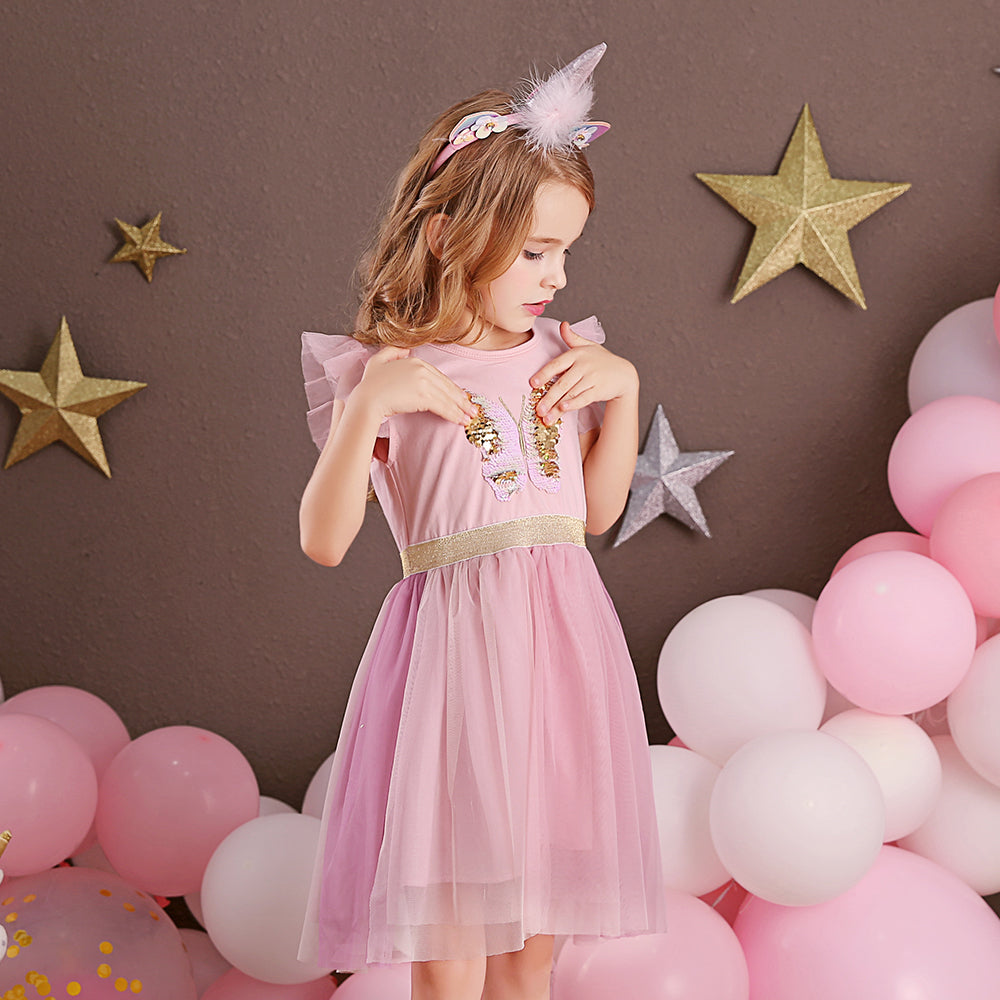 Princess Style Butterfly Beads Toddler Summer Tutu Girl Dress for Brithday Gift