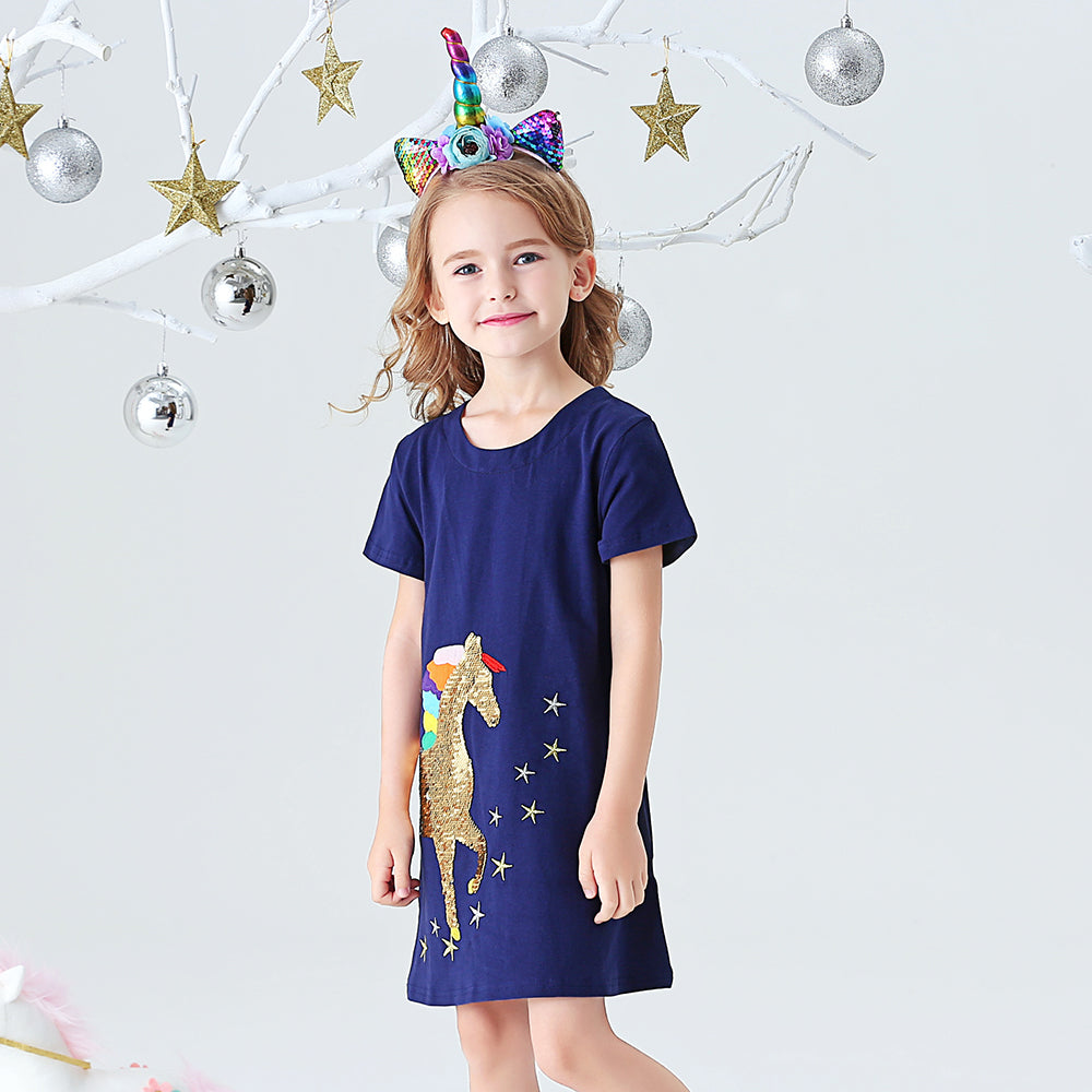 Unicorn Beads Pattern A-line Girls Tollder Dress Casual Cotton Kids Dress