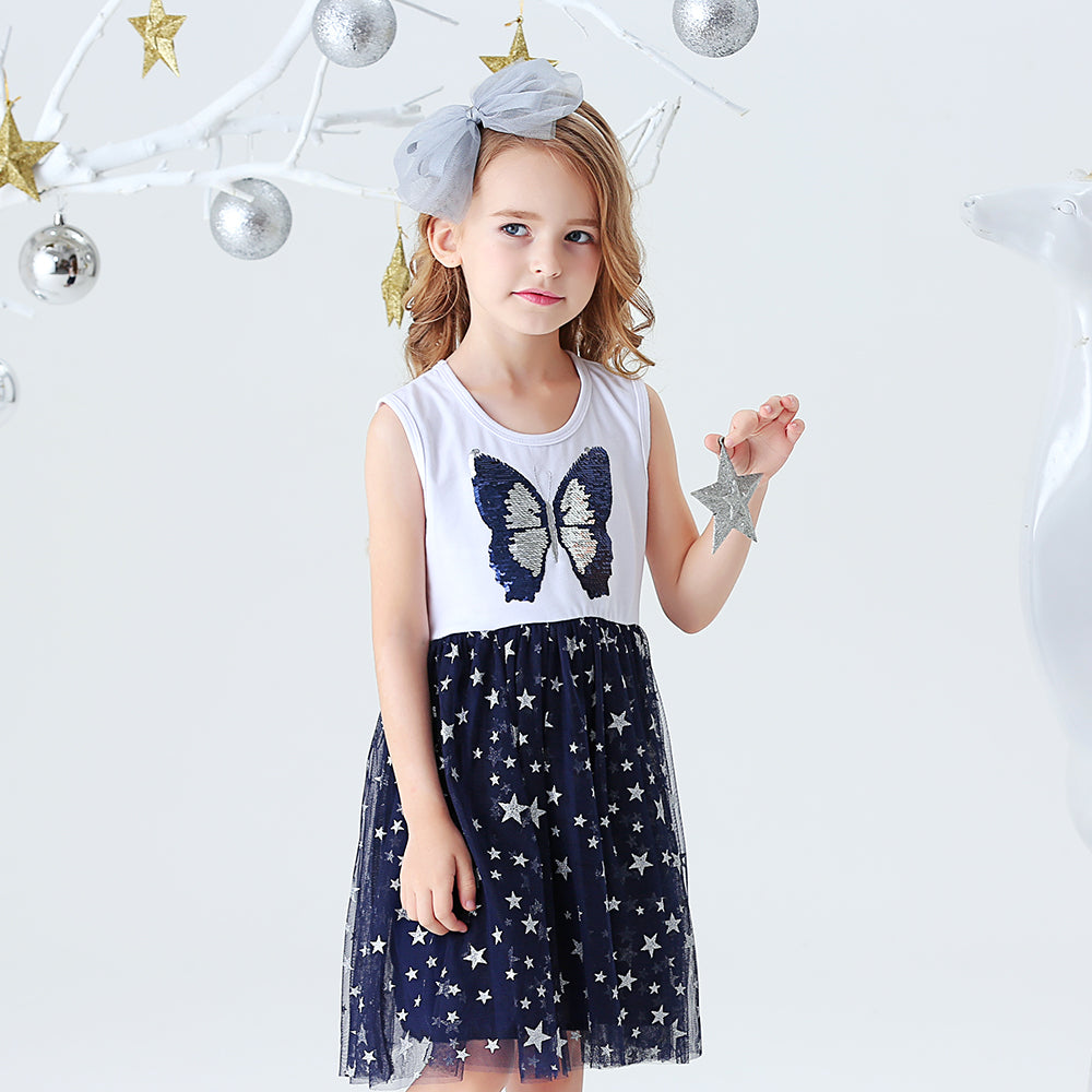 Butterfly Beads Pattern Star Tulle Lovely Daily School Toddler Girl Dress