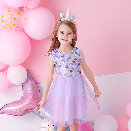 Purple Princess Mermaid Printed Toddler Tutu Girl Dress Sofe Tulle Dress