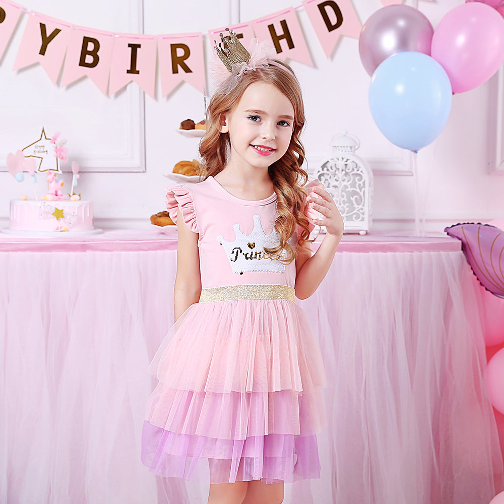 Princess Crown Beads Tutu Toddler Summer Girl Dress Layered Party Dress for 3-8T