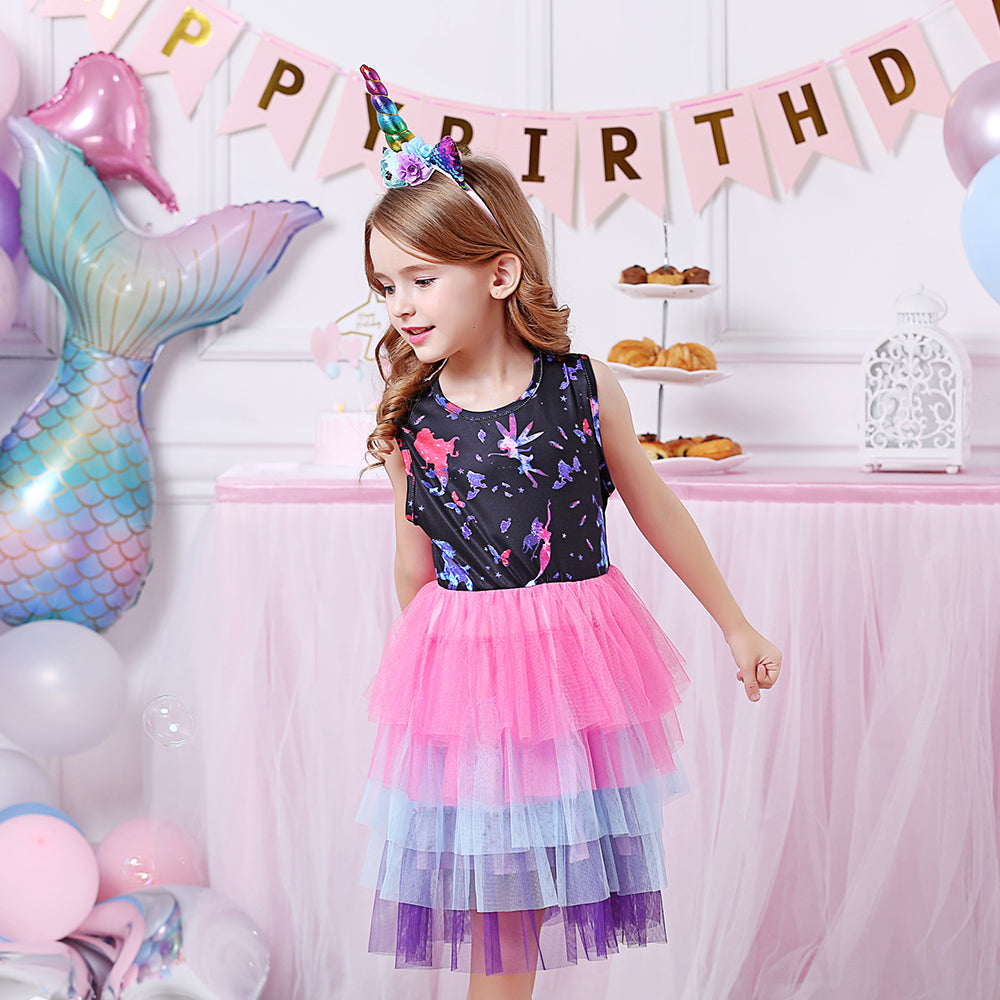 Colorful Tutu Girls Toddler Dress with Flower Fairy Printed for Daily Wear