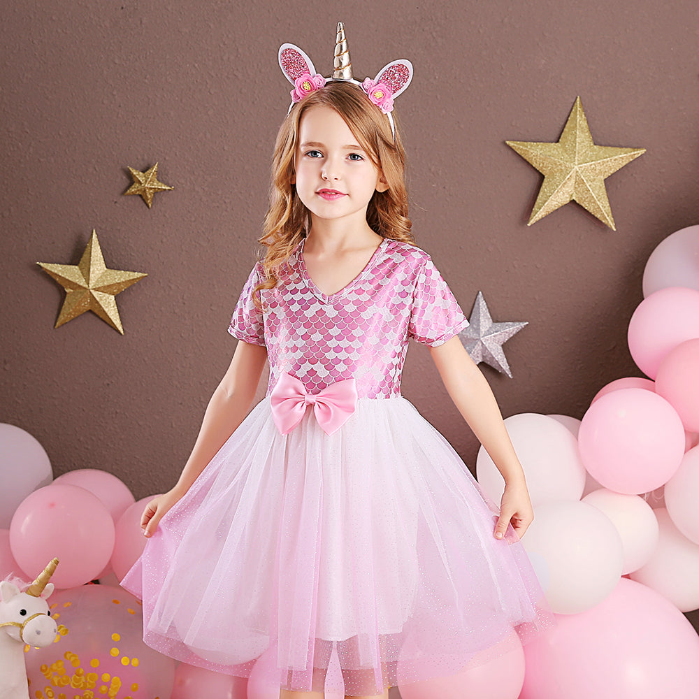 Pink Tutu Toddler Dress Butterfly Bow Mermaid Printed Girls Tulle Dress for Summer
