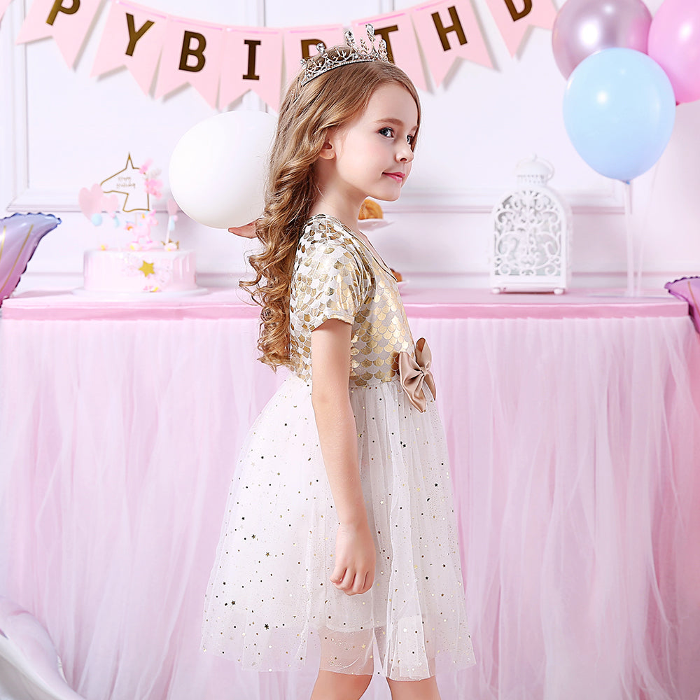 Vikita Yellow Mermaid Print Bowknot Tulle Dress for Toddler Girls 3-8T