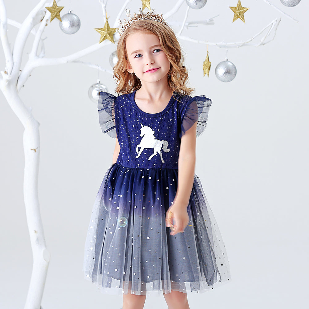 Unicorn Pattern Starry Sky Tutu Dress Toddler Brithday Party Prom Dress 3-8T