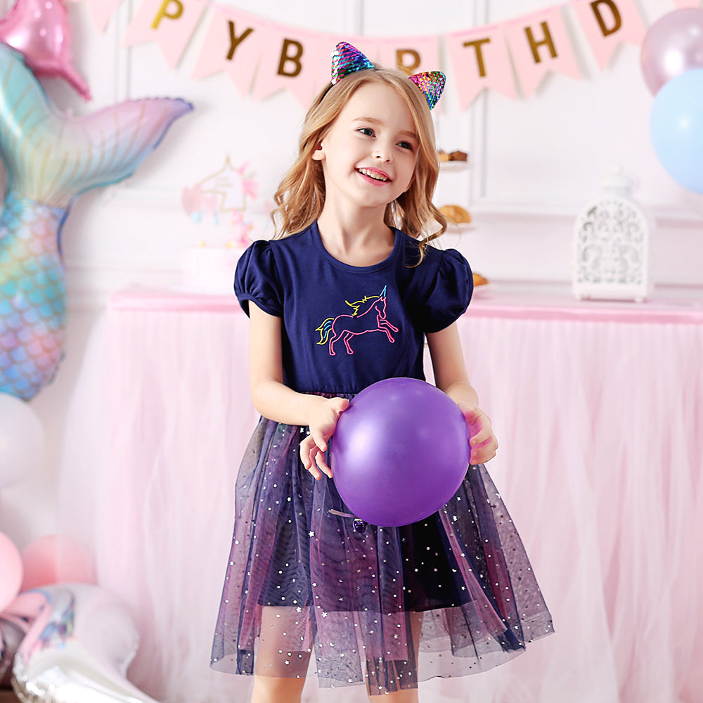 Unicorn Embroidery Toddler Summer Tutu Girl Dress for Daily Party