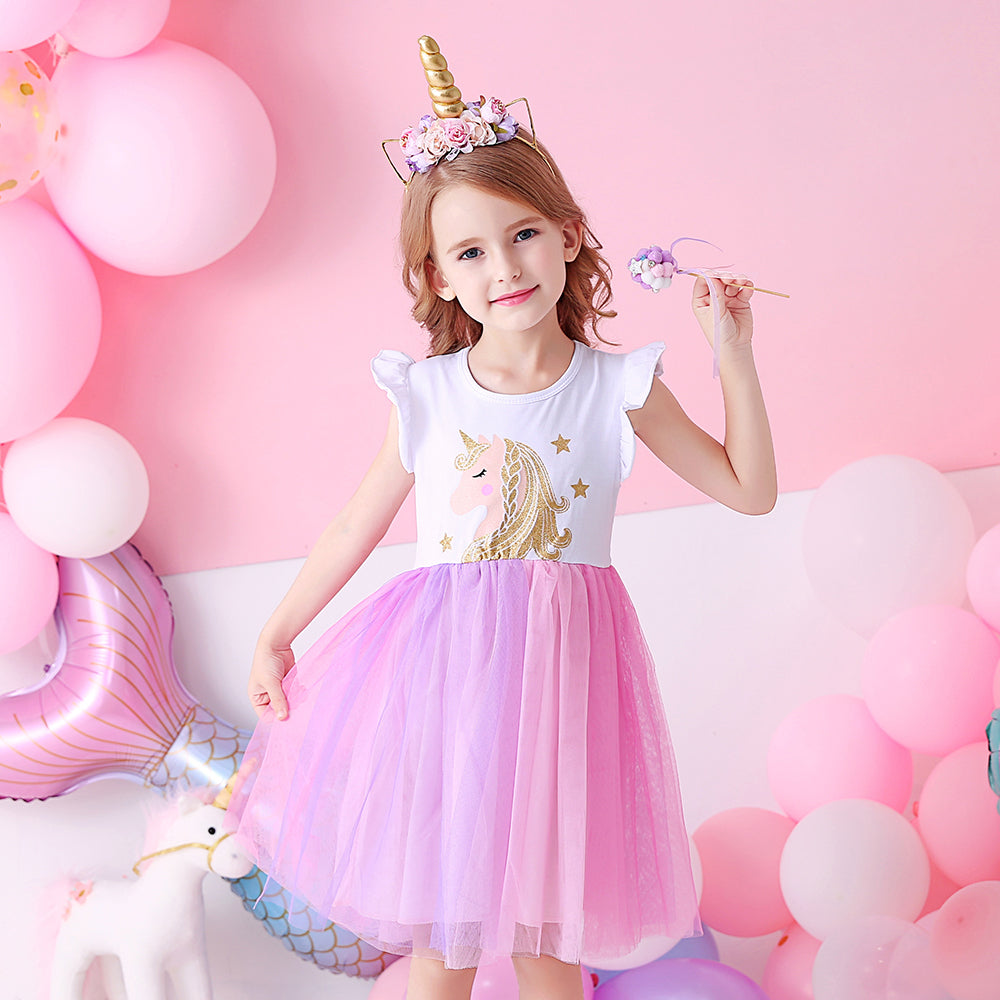 Cartoon Unicorn Pattern Tutu Toddler Dress for Daily Party Wearing 3-8T