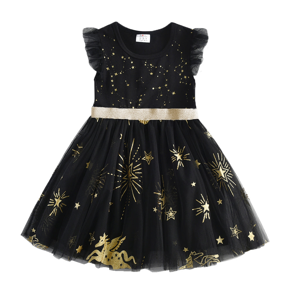 Star Moon Pattern Girls Toddler Summer Short Sleeve Tutu Dress