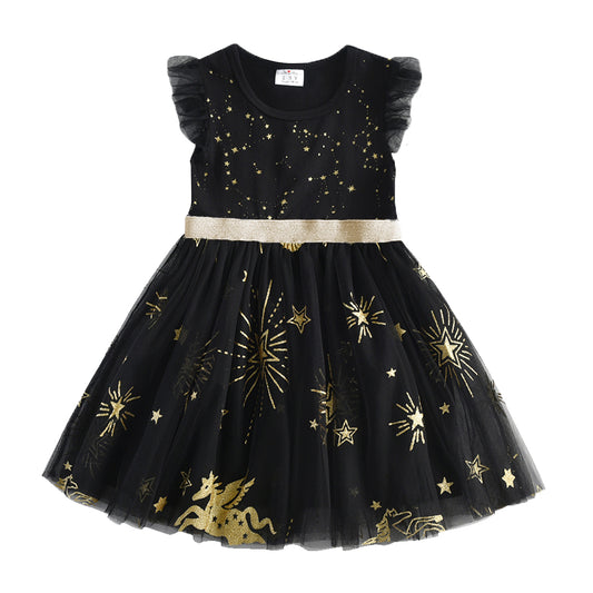Star Moon Pattern Girls Toddler Summer Short Sleeve Tutu Dress