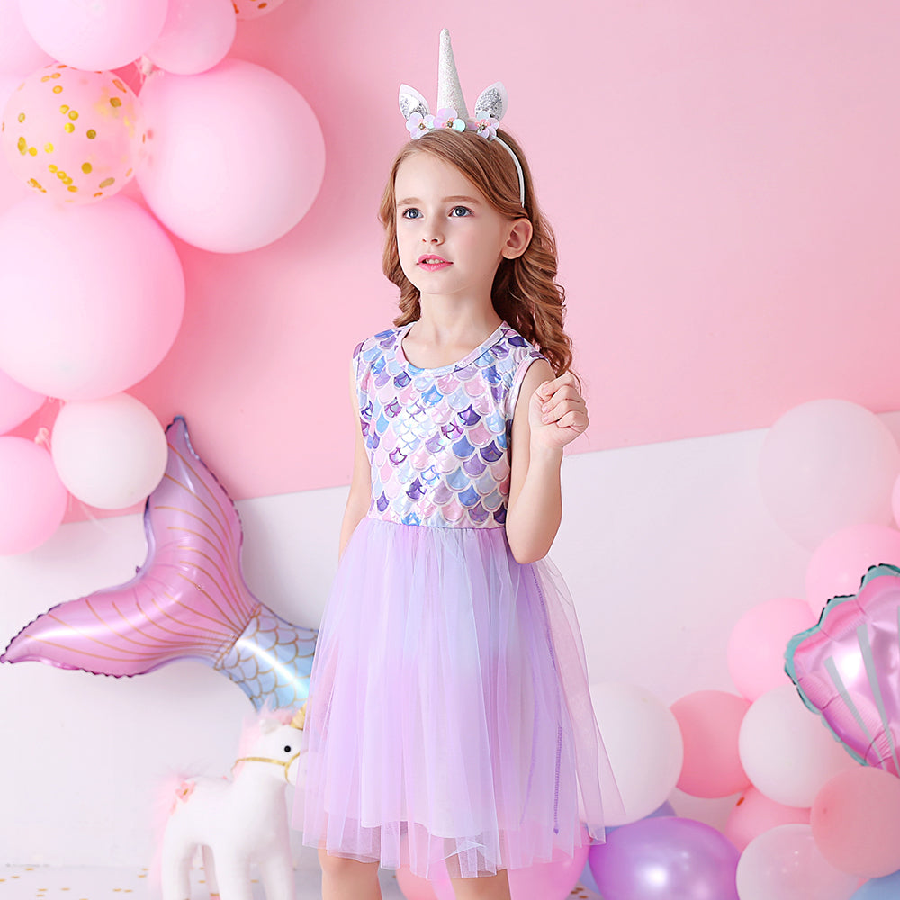 Purple Princess Mermaid Printed Toddler Tutu Girl Dress Sofe Tulle Dress