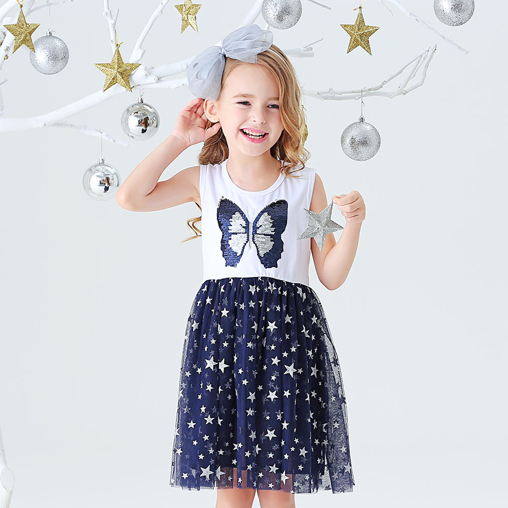 Butterfly Beads Pattern Star Tulle Lovely Daily School Toddler Girl Dress