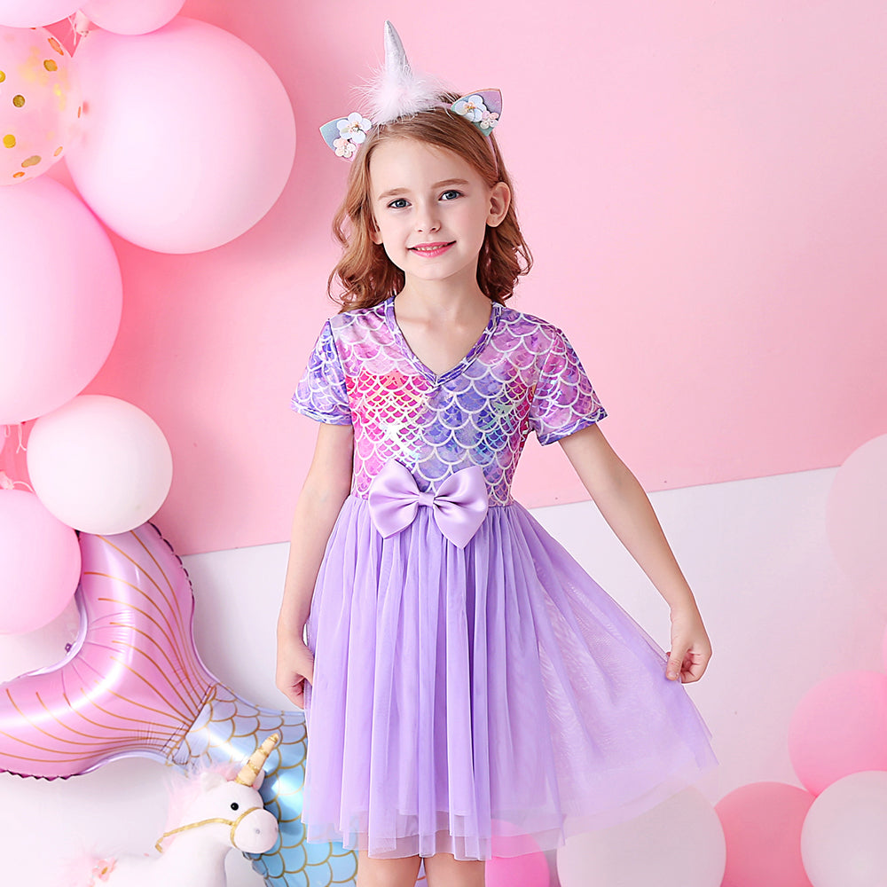 Purple Bridesmaid Printed Butterfly Bow Toddler Tutu Girl Dress for Prom Brithday Party
